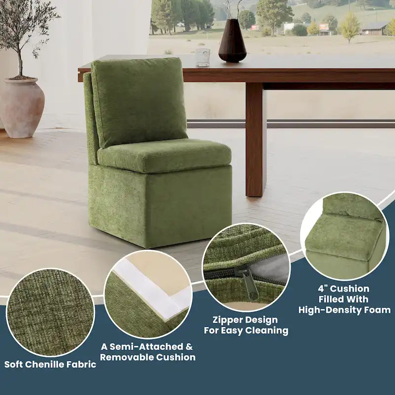 Chenille Upholstered Dining Chair with Under Seat Storage and Caster Wheels
