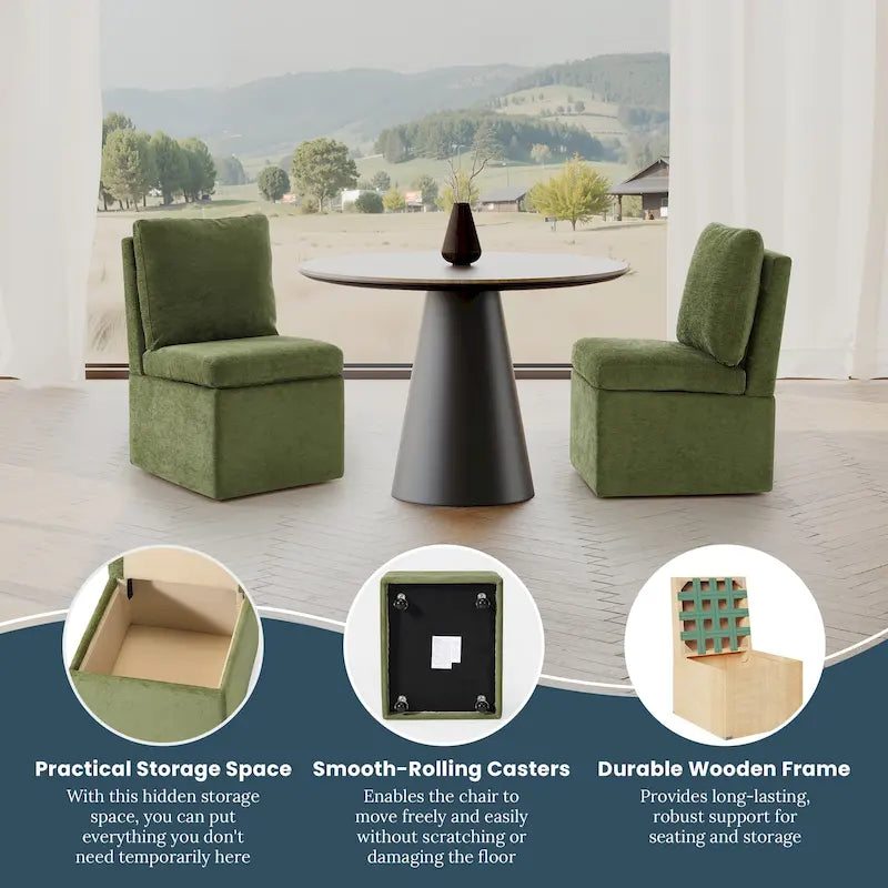 Chenille Upholstered Dining Chair with Under Seat Storage and Caster Wheels