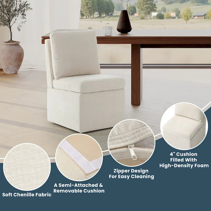 Chenille Upholstered Dining Chair with Under Seat Storage and Caster Wheels
