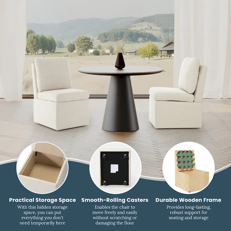 Chenille Upholstered Dining Chair with Under Seat Storage and Caster Wheels