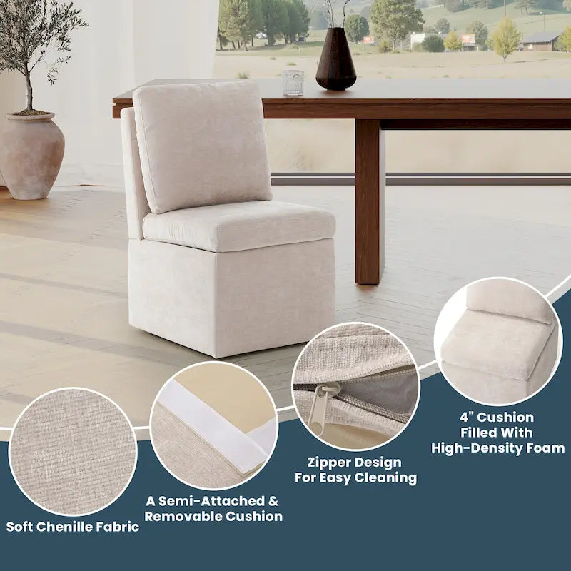 Chenille Upholstered Dining Chair with Under Seat Storage and Caster Wheels