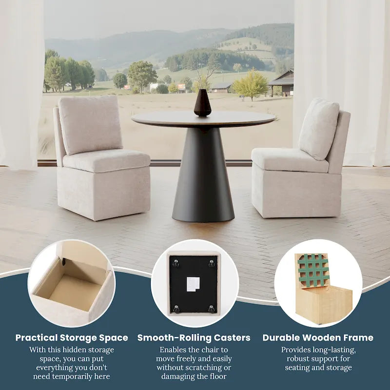 Chenille Upholstered Dining Chair with Under Seat Storage and Caster Wheels