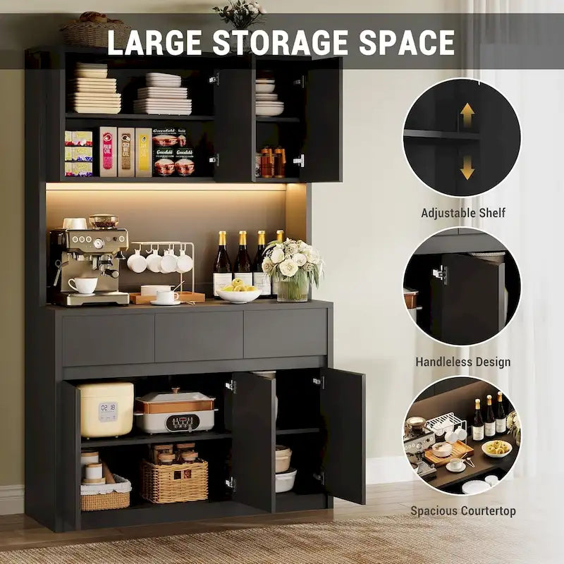 Large Kitchen Pantry with Microwave Countertop and LED Lights