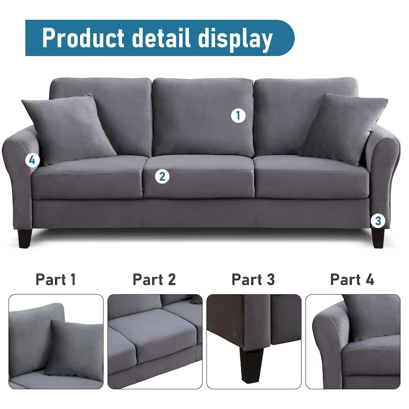 Upholstered 3 Seater Sofa Couch with 2 Pillows