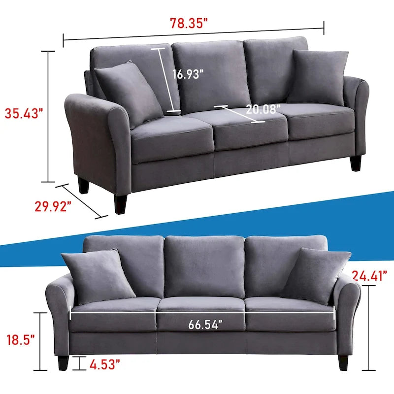 Upholstered 3 Seater Sofa Couch with 2 Pillows