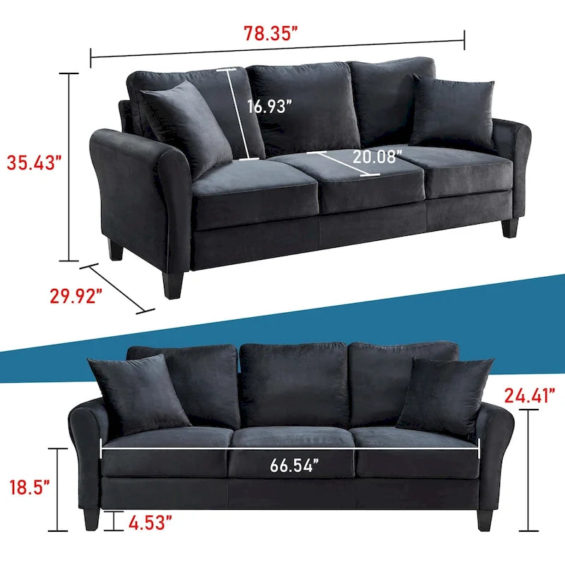 Upholstered 3 Seater Sofa Couch with 2 Pillows