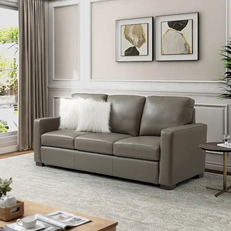83.46 Wide Genuine Leather Sofa with Squared Arms and Pillows