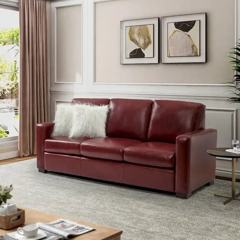 83.46 Wide Genuine Leather Sofa with Squared Arms and Pillows