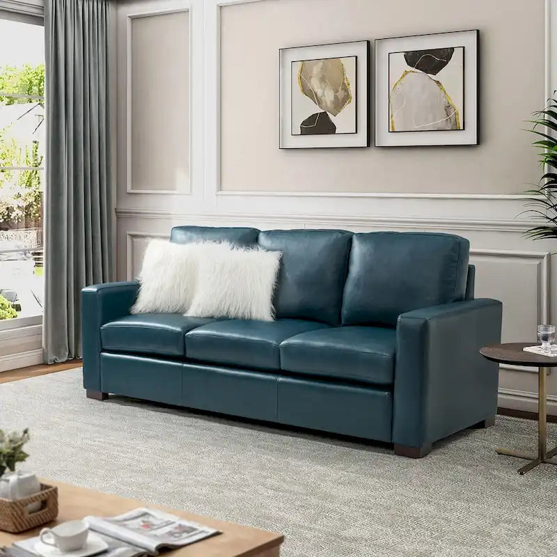 83.46 Wide Genuine Leather Sofa with Squared Arms and Pillows