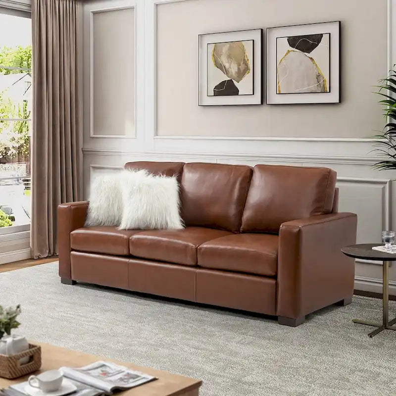 83.46 Wide Genuine Leather Sofa with Squared Arms and Pillows