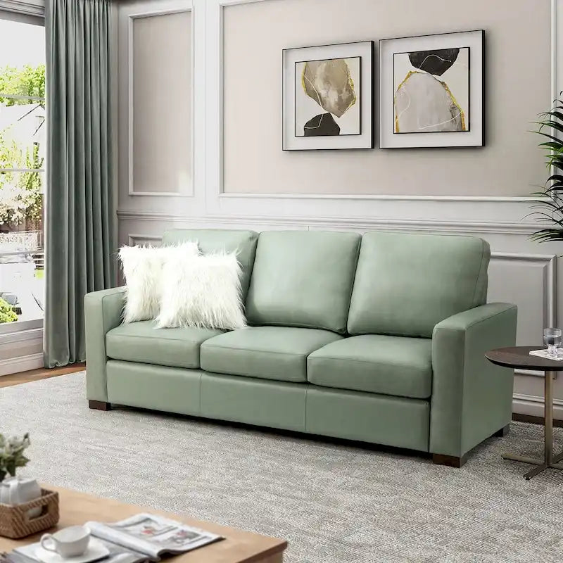 83.46 Wide Genuine Leather Sofa with Squared Arms and Pillows