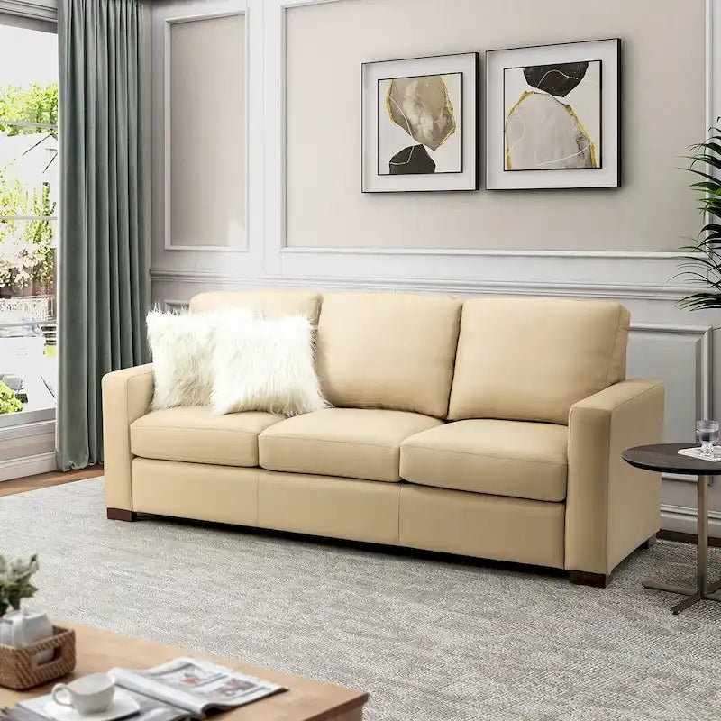83.46 Wide Genuine Leather Sofa with Squared Arms and Pillows