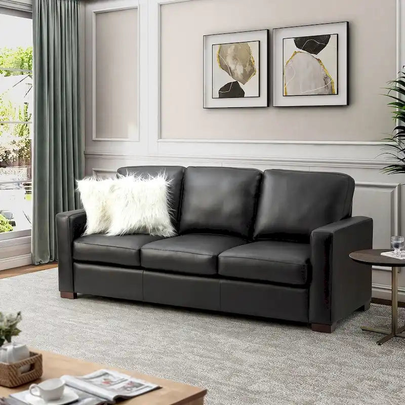 83.46 Wide Genuine Leather Sofa with Squared Arms and Pillows
