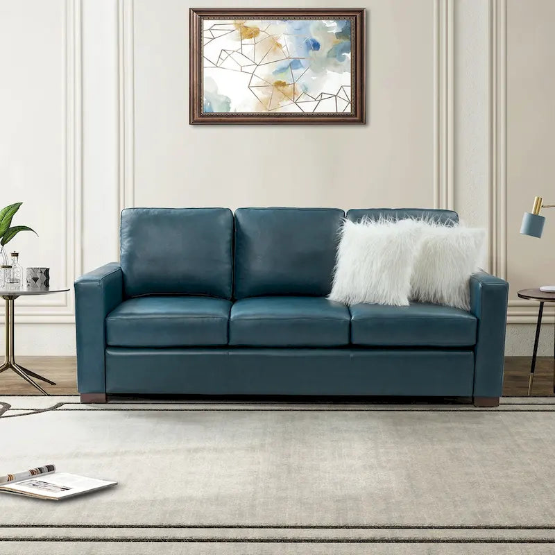 83.46 Wide Genuine Leather Sofa with Squared Arms and Pillows