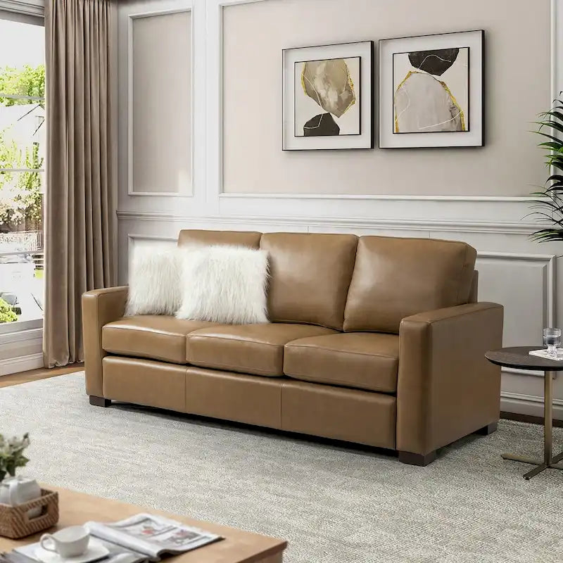 83.46 Wide Genuine Leather Sofa with Squared Arms and Pillows