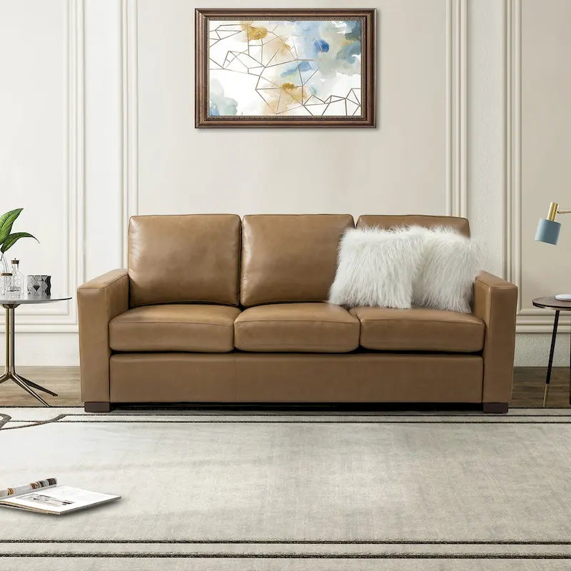 83.46 Wide Genuine Leather Sofa with Squared Arms and Pillows