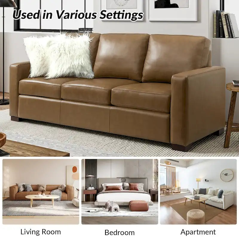 83.46 Wide Genuine Leather Sofa with Squared Arms and Pillows