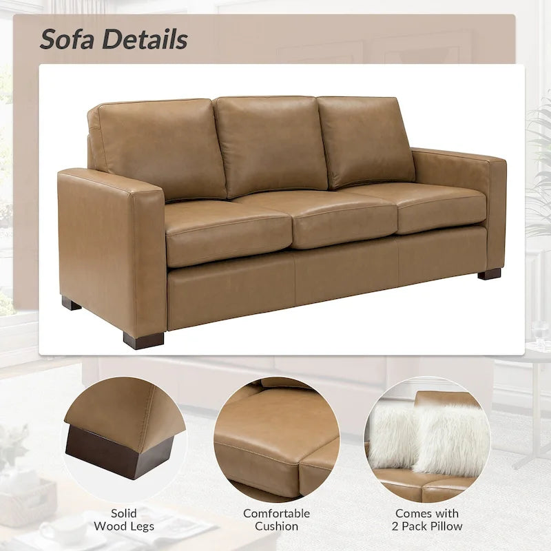 83.46 Wide Genuine Leather Sofa with Squared Arms and Pillows