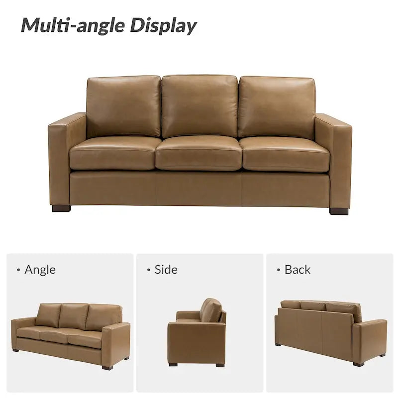 83.46 Wide Genuine Leather Sofa with Squared Arms and Pillows