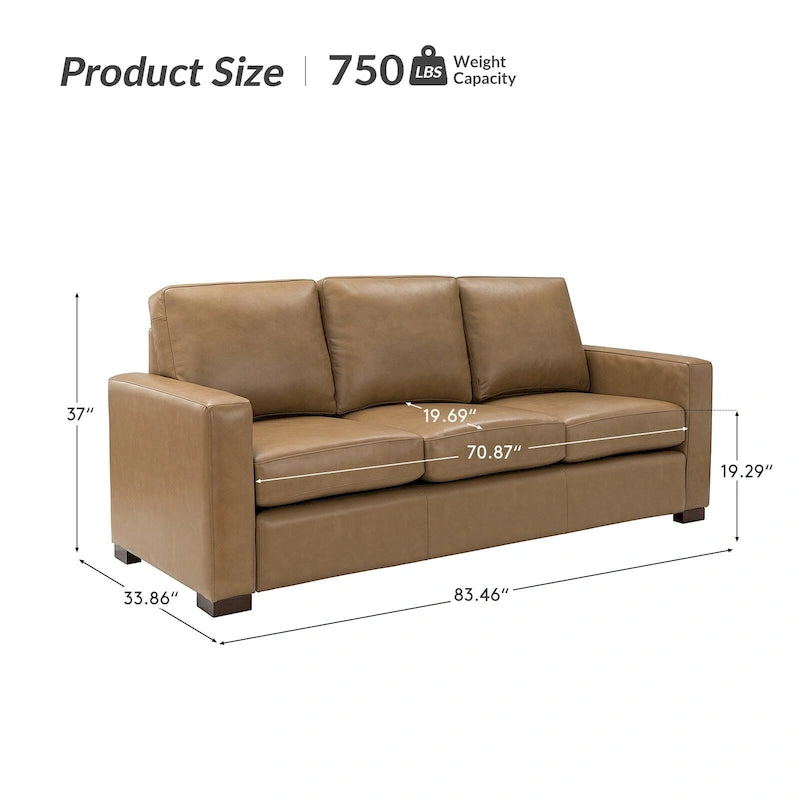 83.46 Wide Genuine Leather Sofa with Squared Arms and Pillows