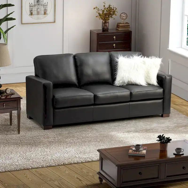 83.46 Wide Genuine Leather Sofa with Squared Arms and Pillows