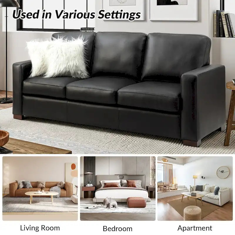 83.46 Wide Genuine Leather Sofa with Squared Arms and Pillows
