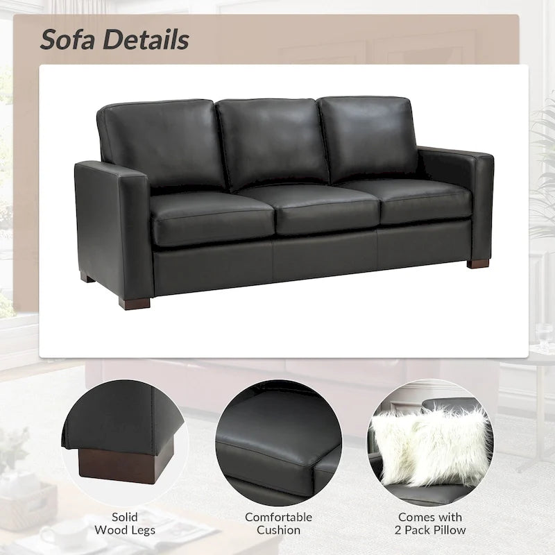 83.46 Wide Genuine Leather Sofa with Squared Arms and Pillows