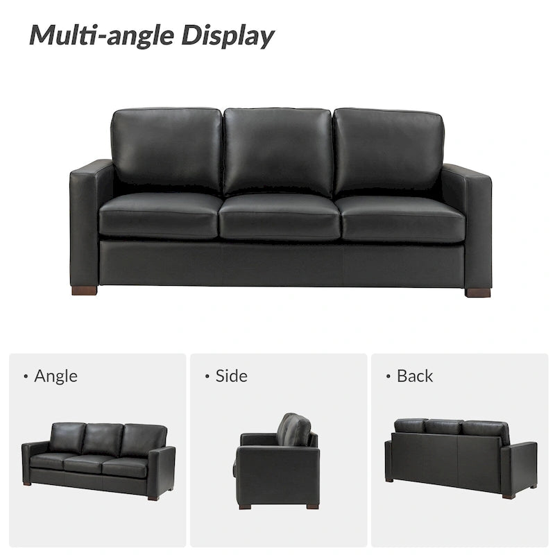 83.46 Wide Genuine Leather Sofa with Squared Arms and Pillows