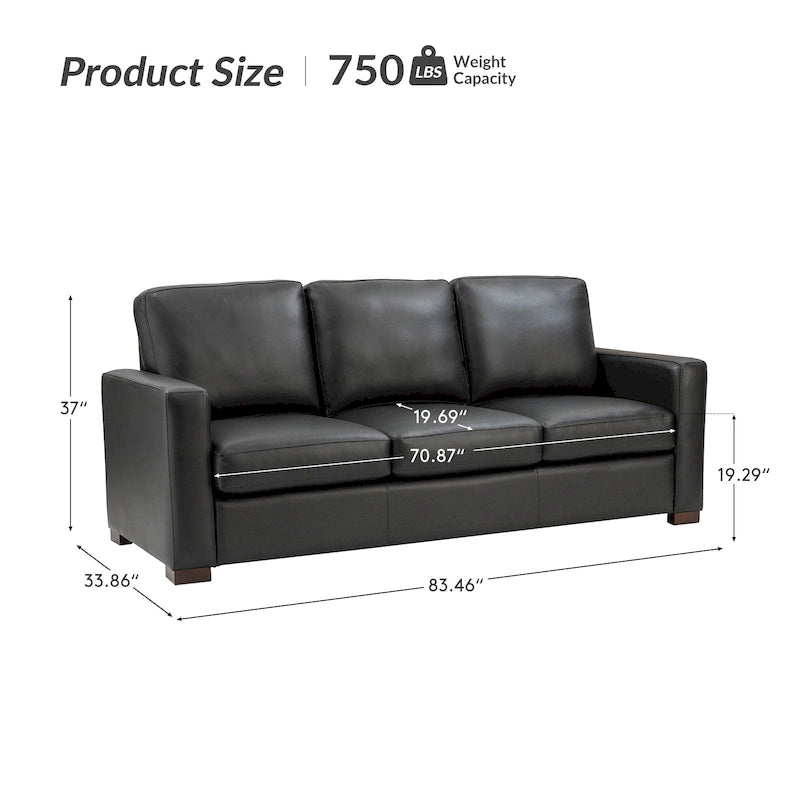 83.46 Wide Genuine Leather Sofa with Squared Arms and Pillows
