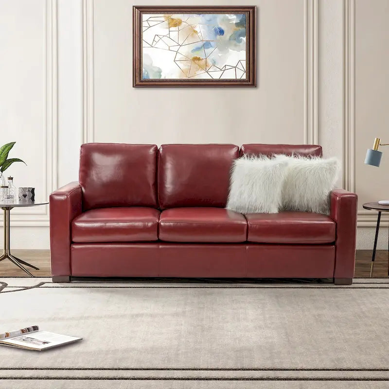 83.46 Wide Genuine Leather Sofa with Squared Arms and Pillows