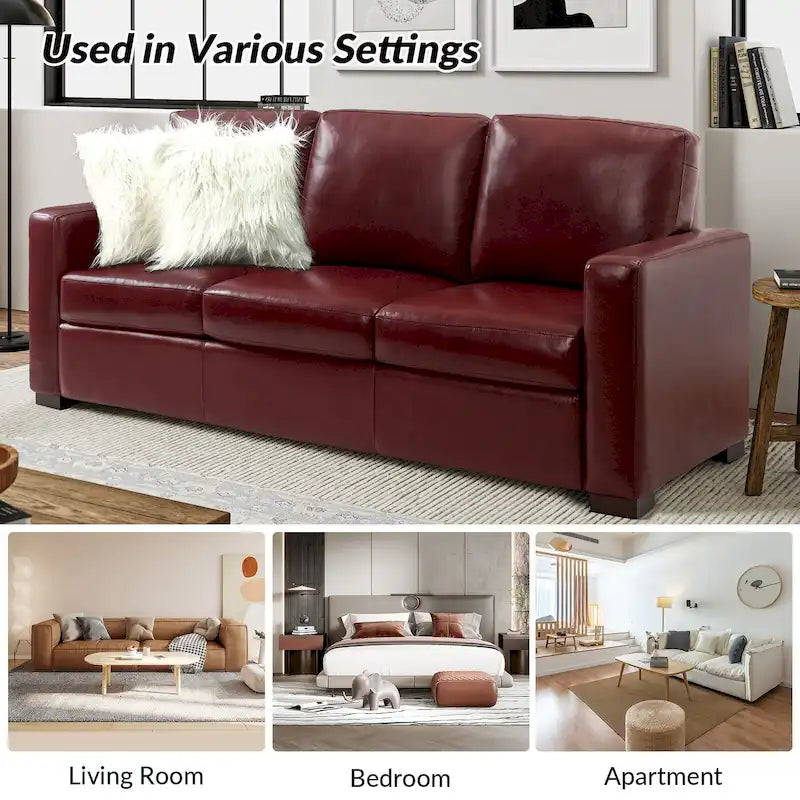 83.46 Wide Genuine Leather Sofa with Squared Arms and Pillows