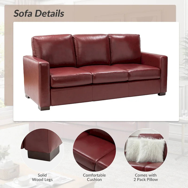 83.46 Wide Genuine Leather Sofa with Squared Arms and Pillows