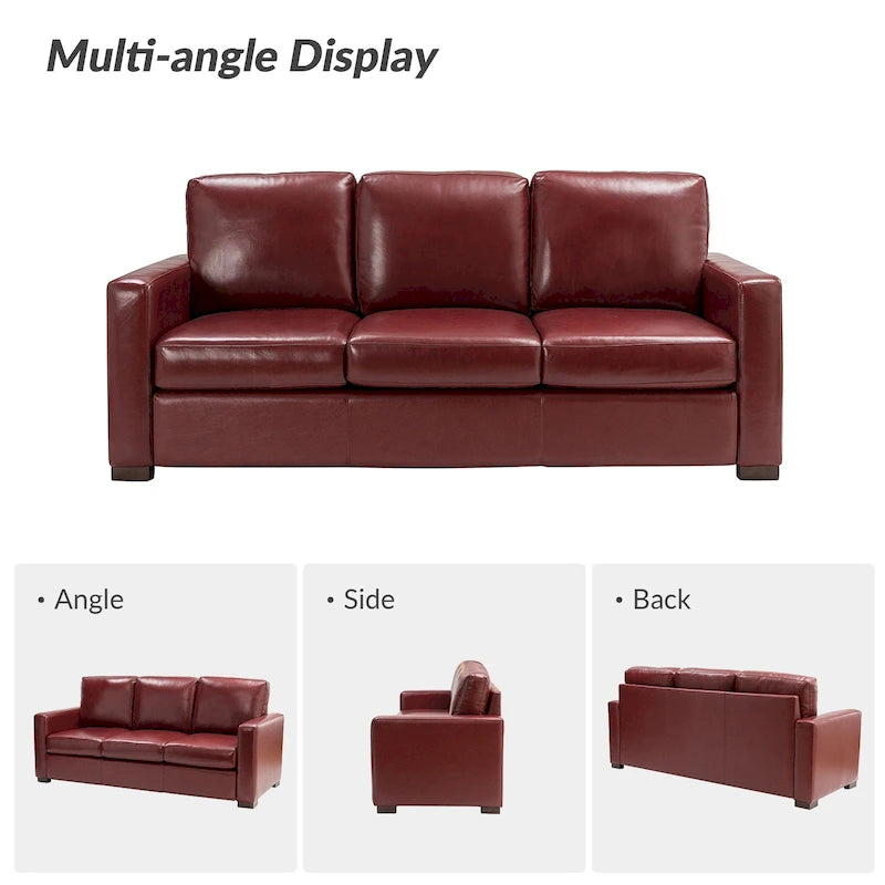83.46 Wide Genuine Leather Sofa with Squared Arms and Pillows