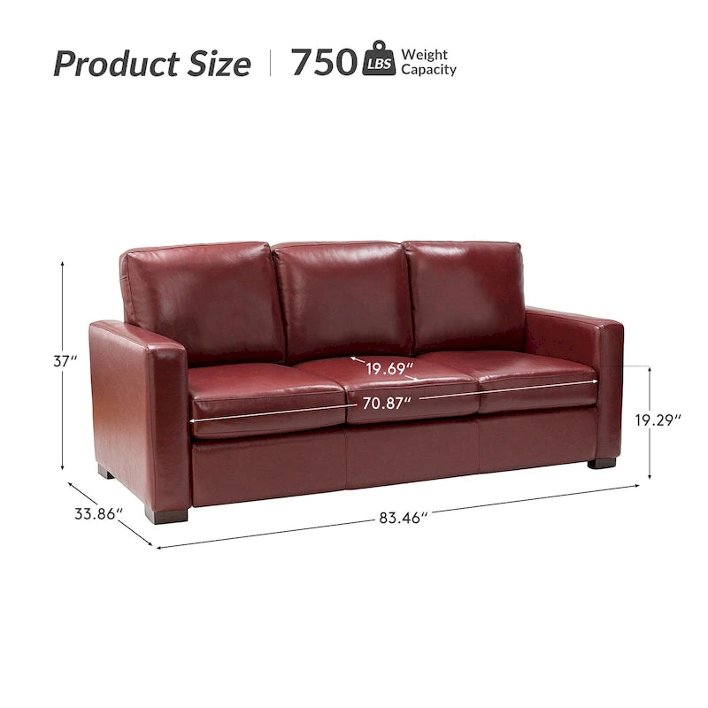 83.46 Wide Genuine Leather Sofa with Squared Arms and Pillows