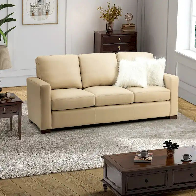 83.46 Wide Genuine Leather Sofa with Squared Arms and Pillows