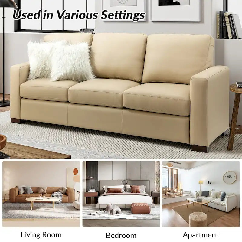 83.46 Wide Genuine Leather Sofa with Squared Arms and Pillows