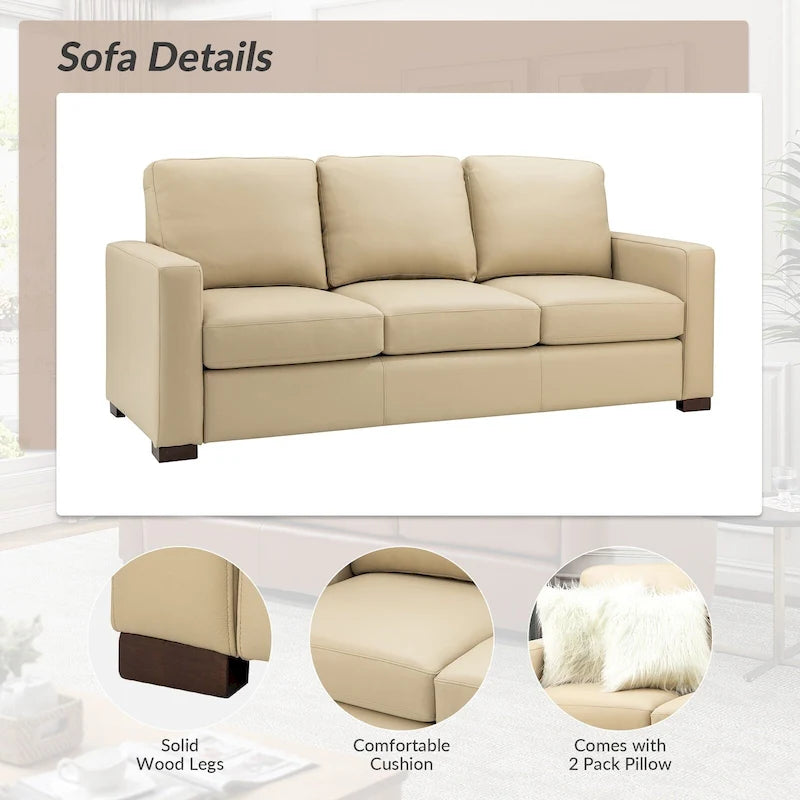83.46 Wide Genuine Leather Sofa with Squared Arms and Pillows
