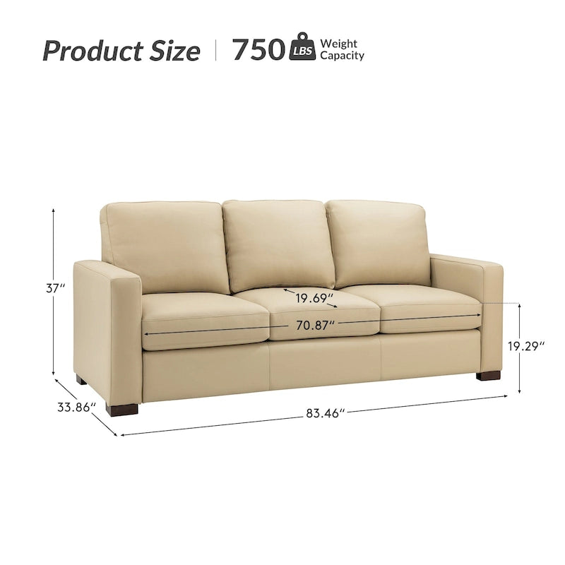 83.46 Wide Genuine Leather Sofa with Squared Arms and Pillows