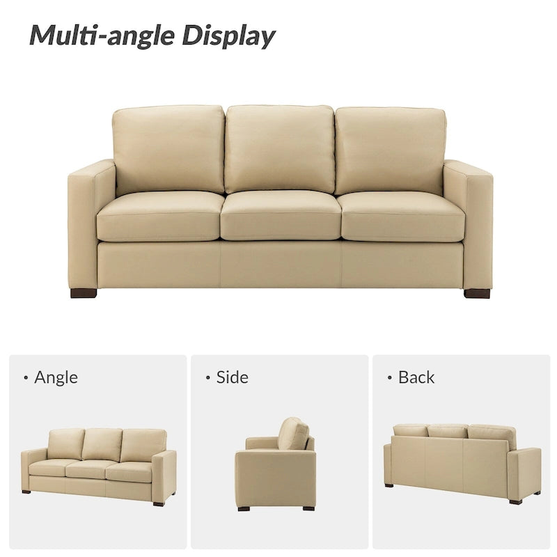 83.46 Wide Genuine Leather Sofa with Squared Arms and Pillows