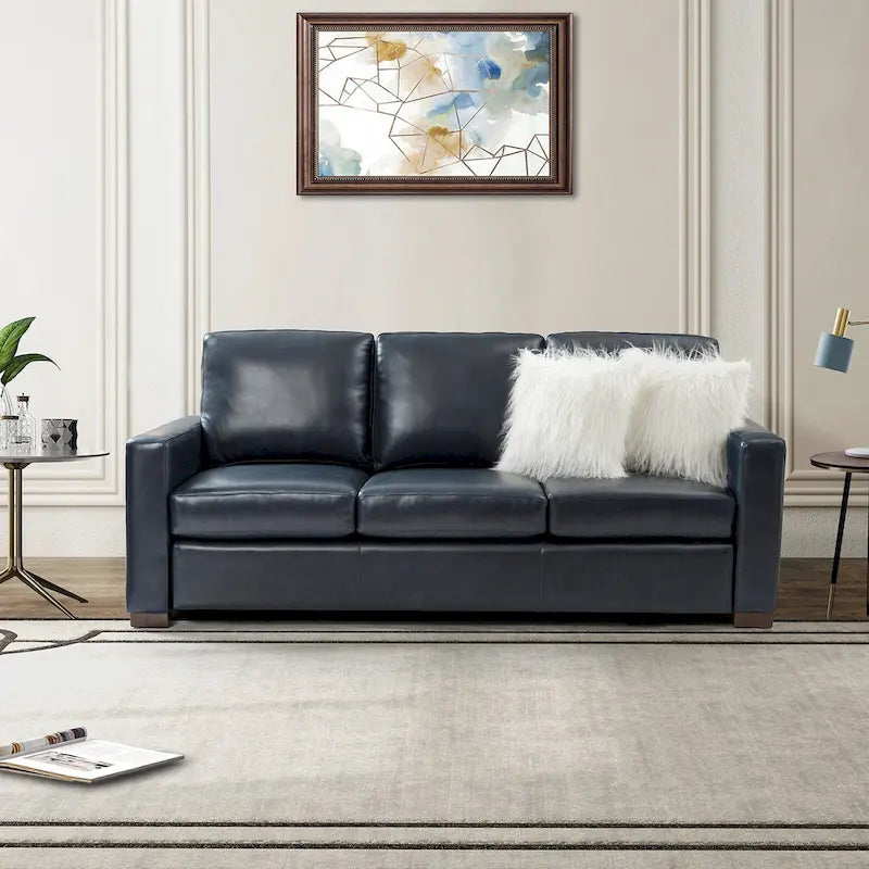 83.46 Wide Genuine Leather Sofa with Squared Arms and Pillows
