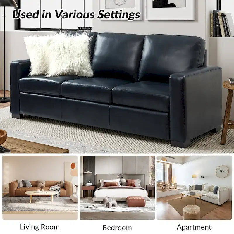 83.46 Wide Genuine Leather Sofa with Squared Arms and Pillows