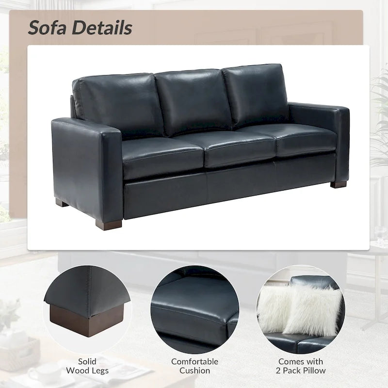 83.46 Wide Genuine Leather Sofa with Squared Arms and Pillows