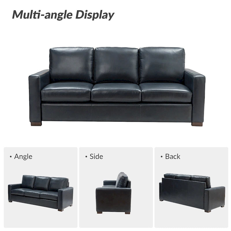 83.46 Wide Genuine Leather Sofa with Squared Arms and Pillows