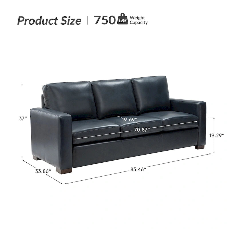 83.46 Wide Genuine Leather Sofa with Squared Arms and Pillows