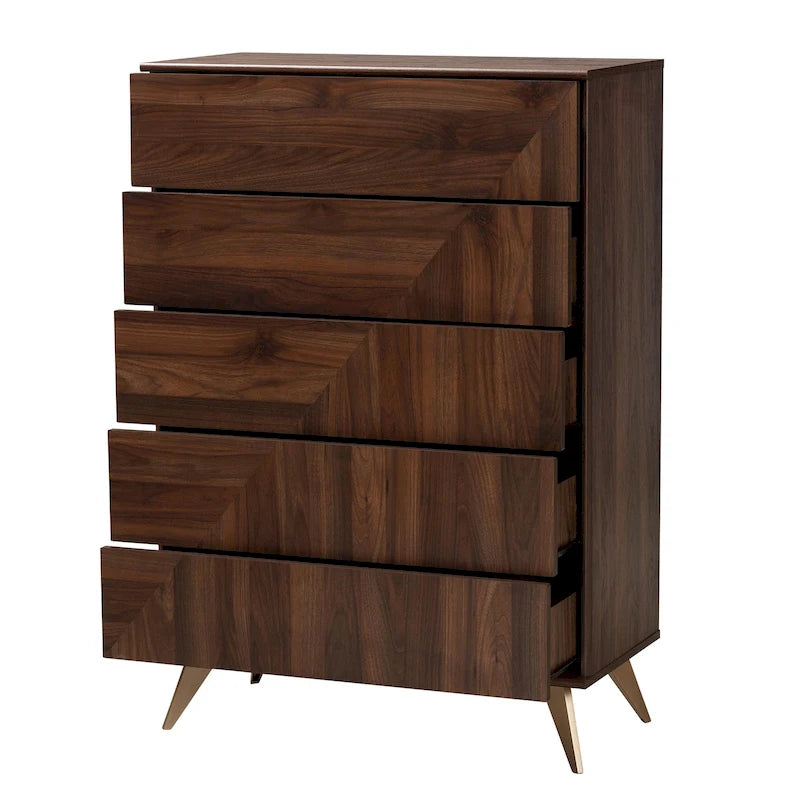 Mid-Century Modern Walnut Brown 5-Drawer Storage Chest