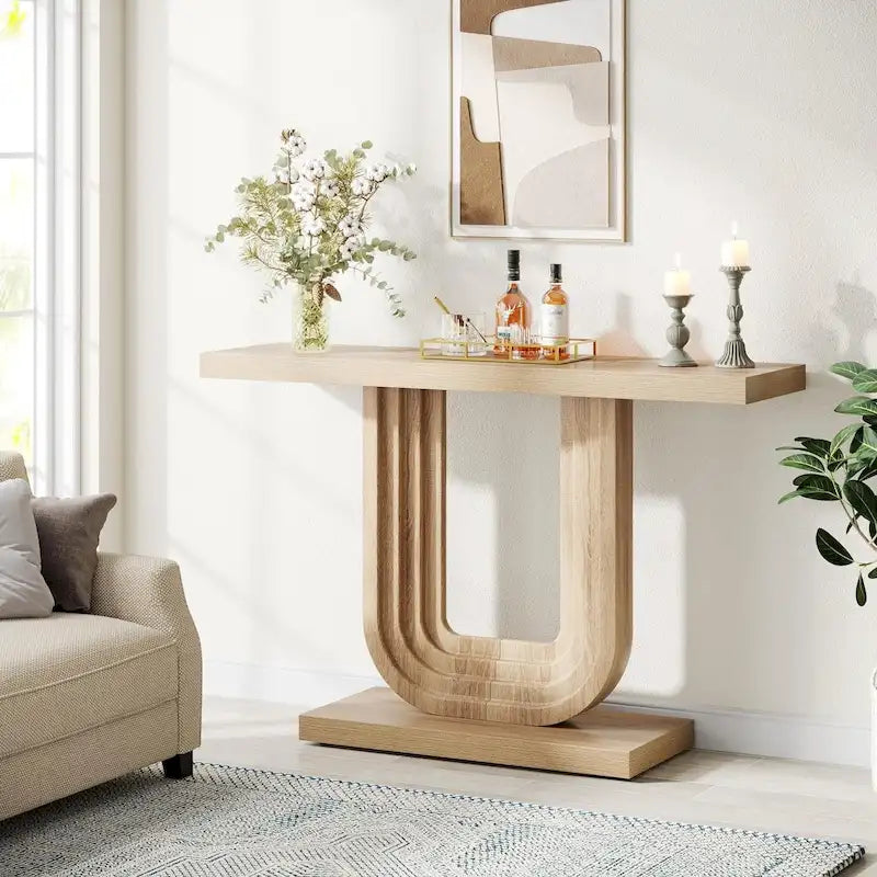 39 Inch Wood Entryway Table with Geometric Base