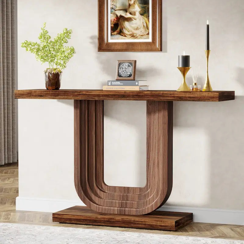 39 Inch Wood Entryway Table with Geometric Base