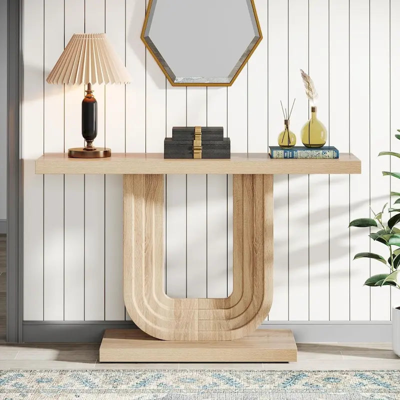 39 Inch Wood Entryway Table with Geometric Base