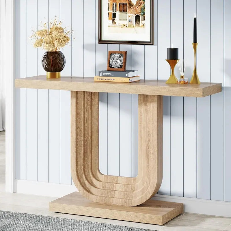 39 Inch Wood Entryway Table with Geometric Base