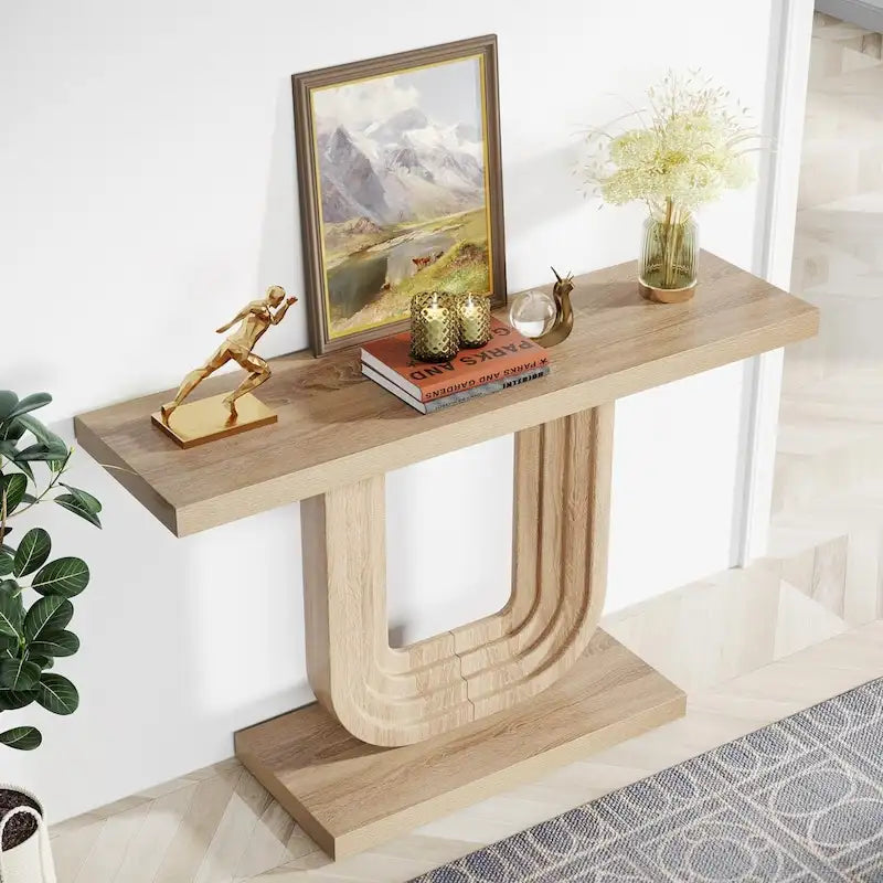 39 Inch Wood Entryway Table with Geometric Base